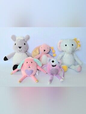 LOT OF 5 MAKE BELIEVE IDEAS SENSORY PLUSH, ELEPHANT, BUNNIES, LAMB, MONSTER